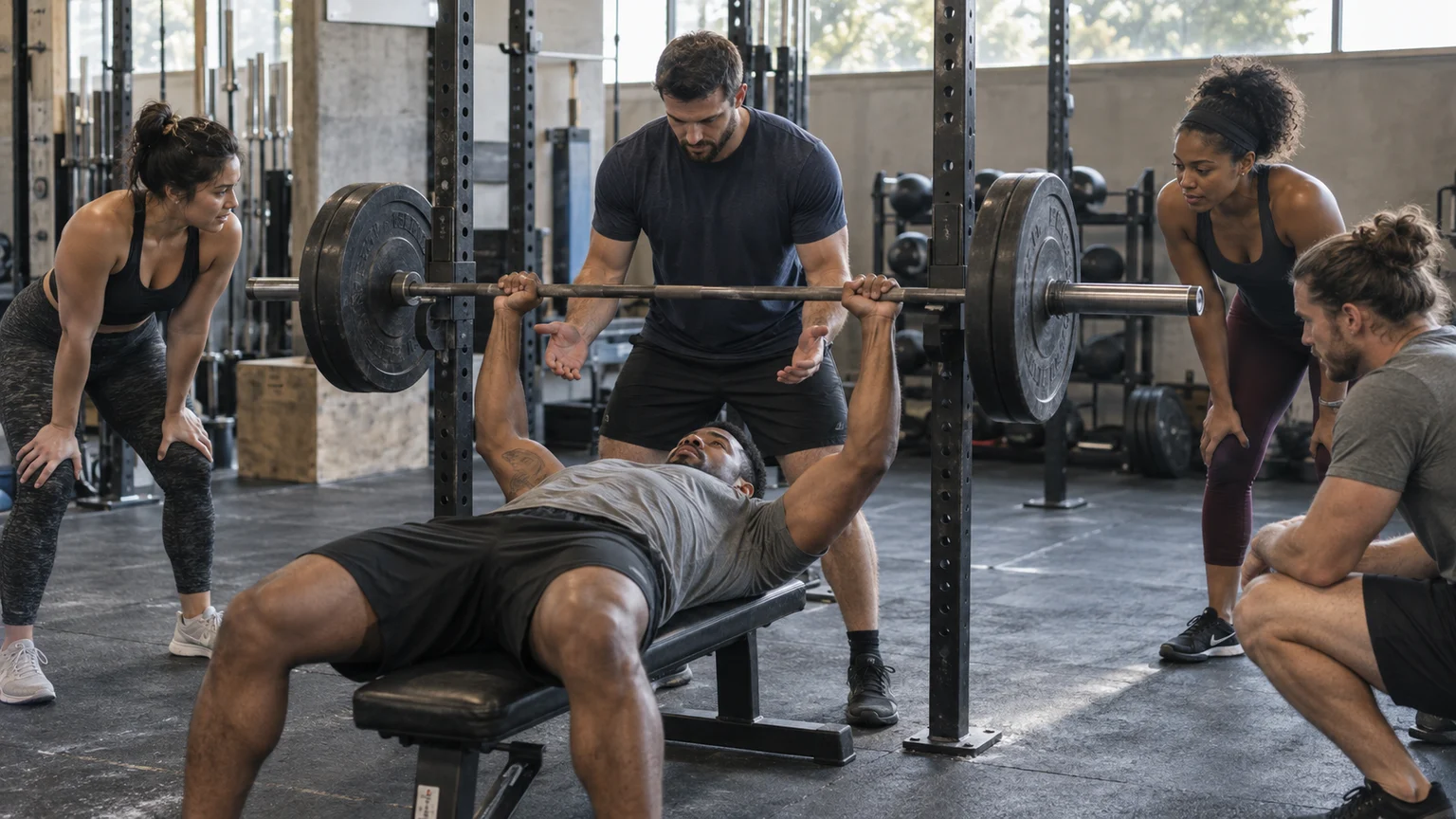 Training partners supporting a bench press set in a neighborhood gym